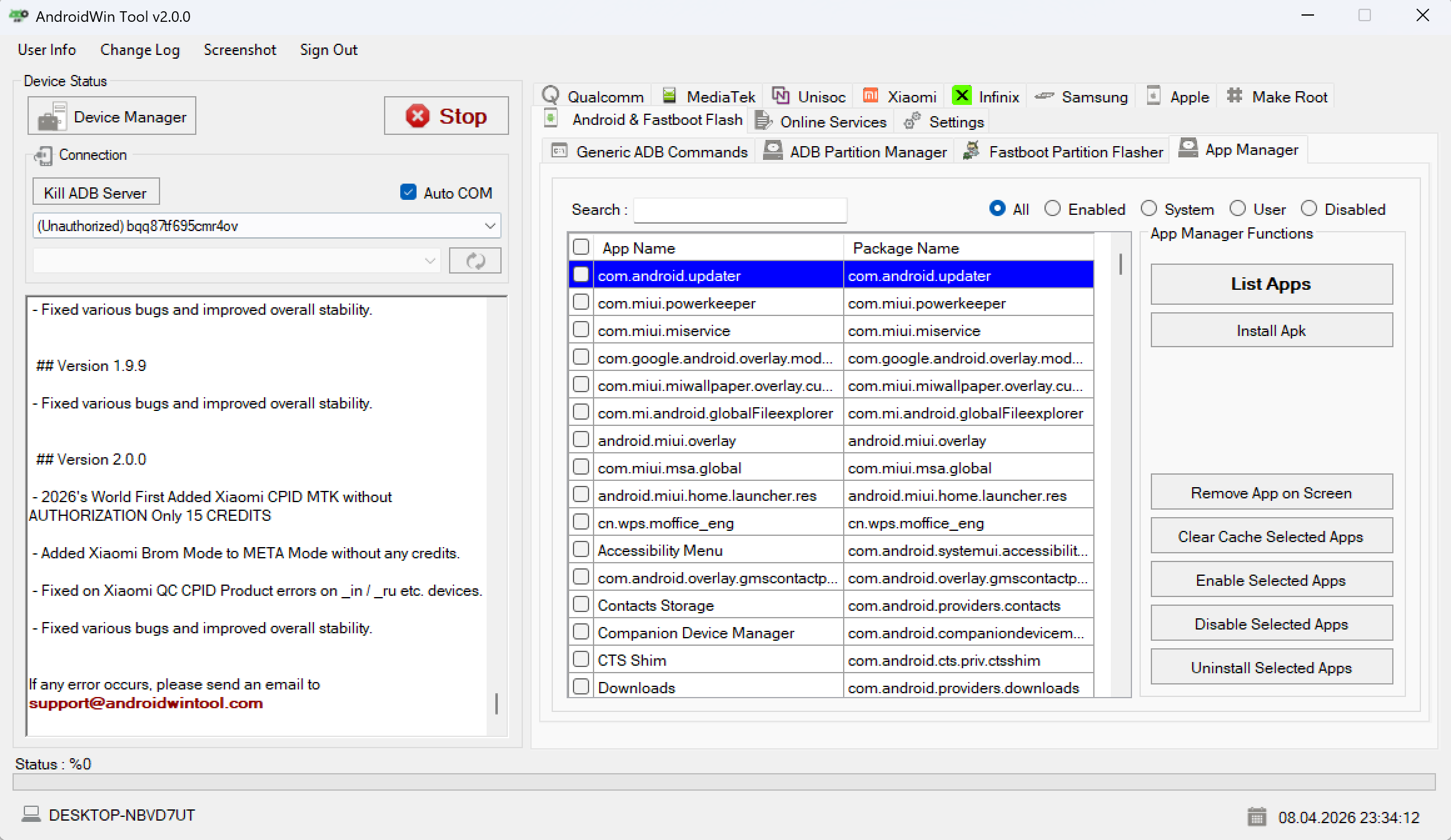 App Manager screen with connected device in AndroidWin Tool