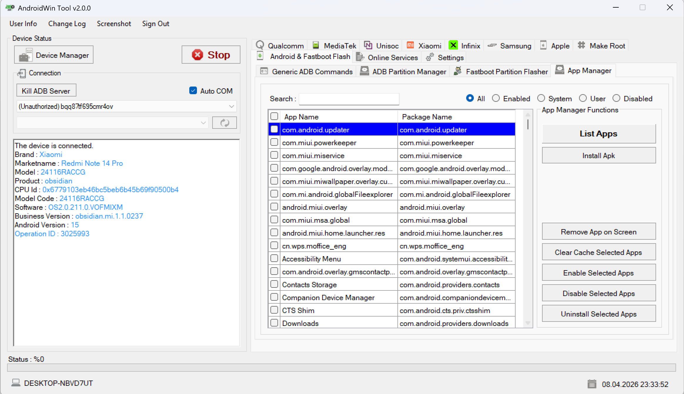 List Apps action in AndroidWin Tool App Manager
