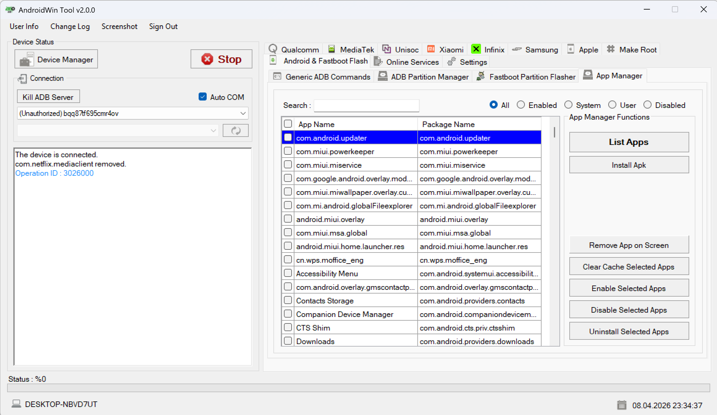 Remove App on Screen action in AndroidWin Tool