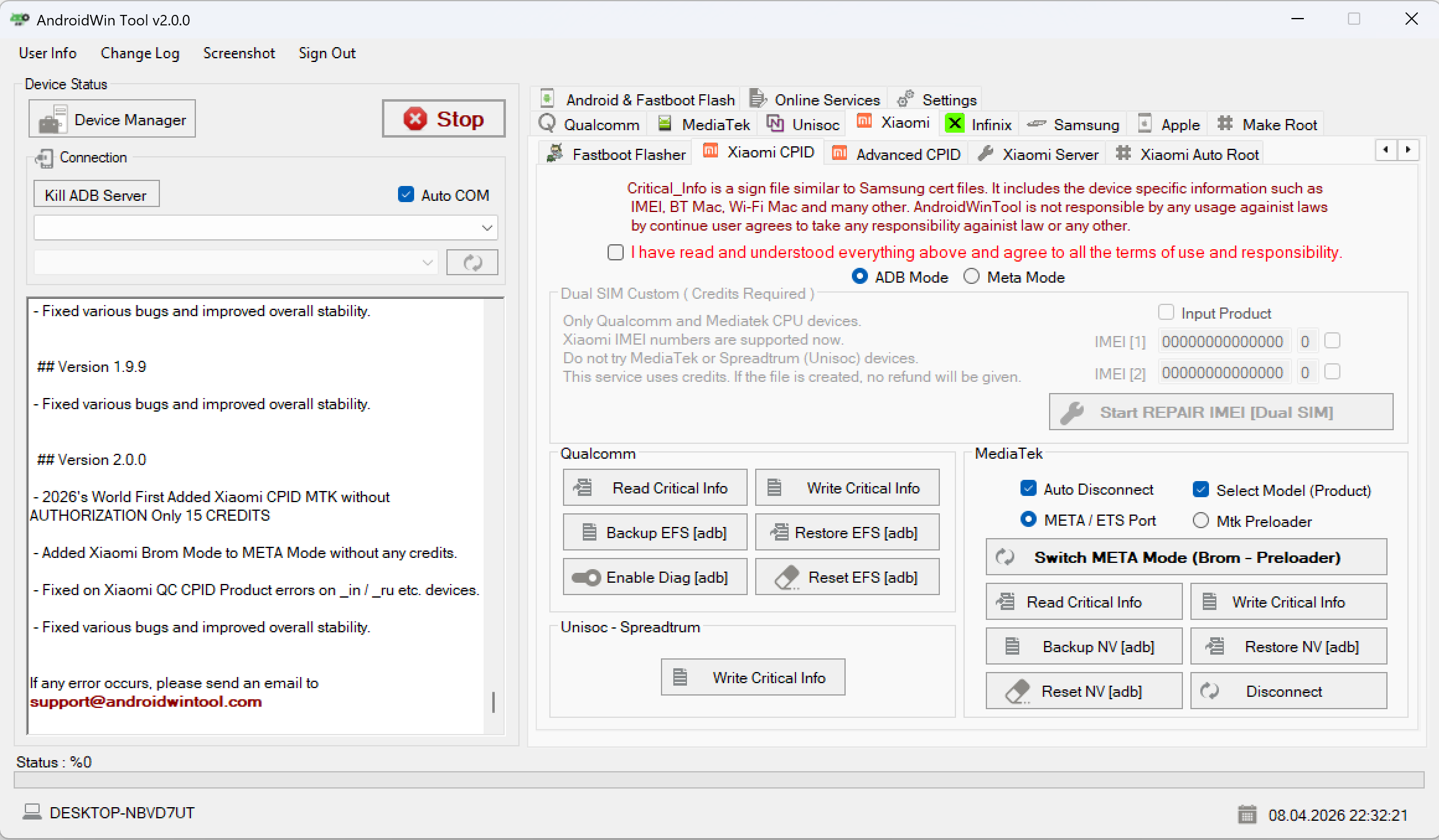 AndroidWin Tool Xiaomi CPID tab before reading critical info