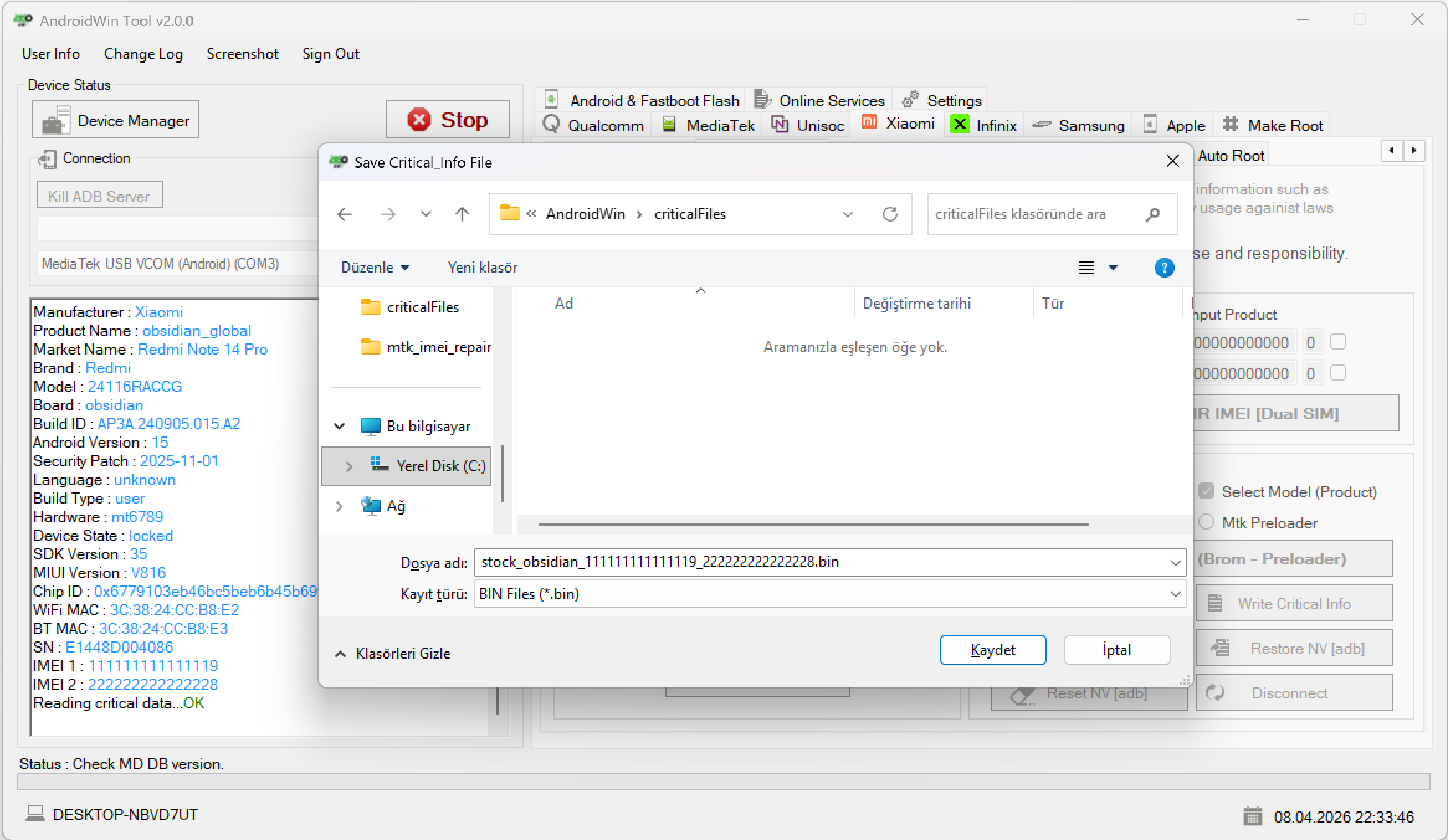Save dialog for critical info backup file