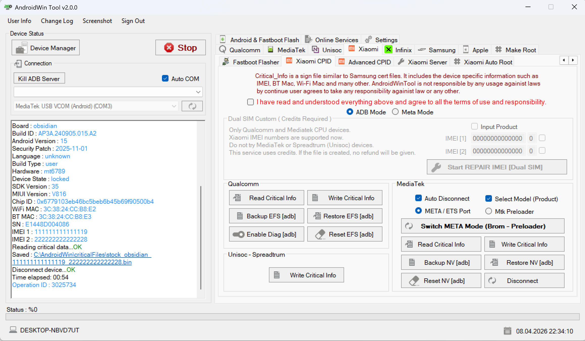 Successful critical info read result in AndroidWin Tool