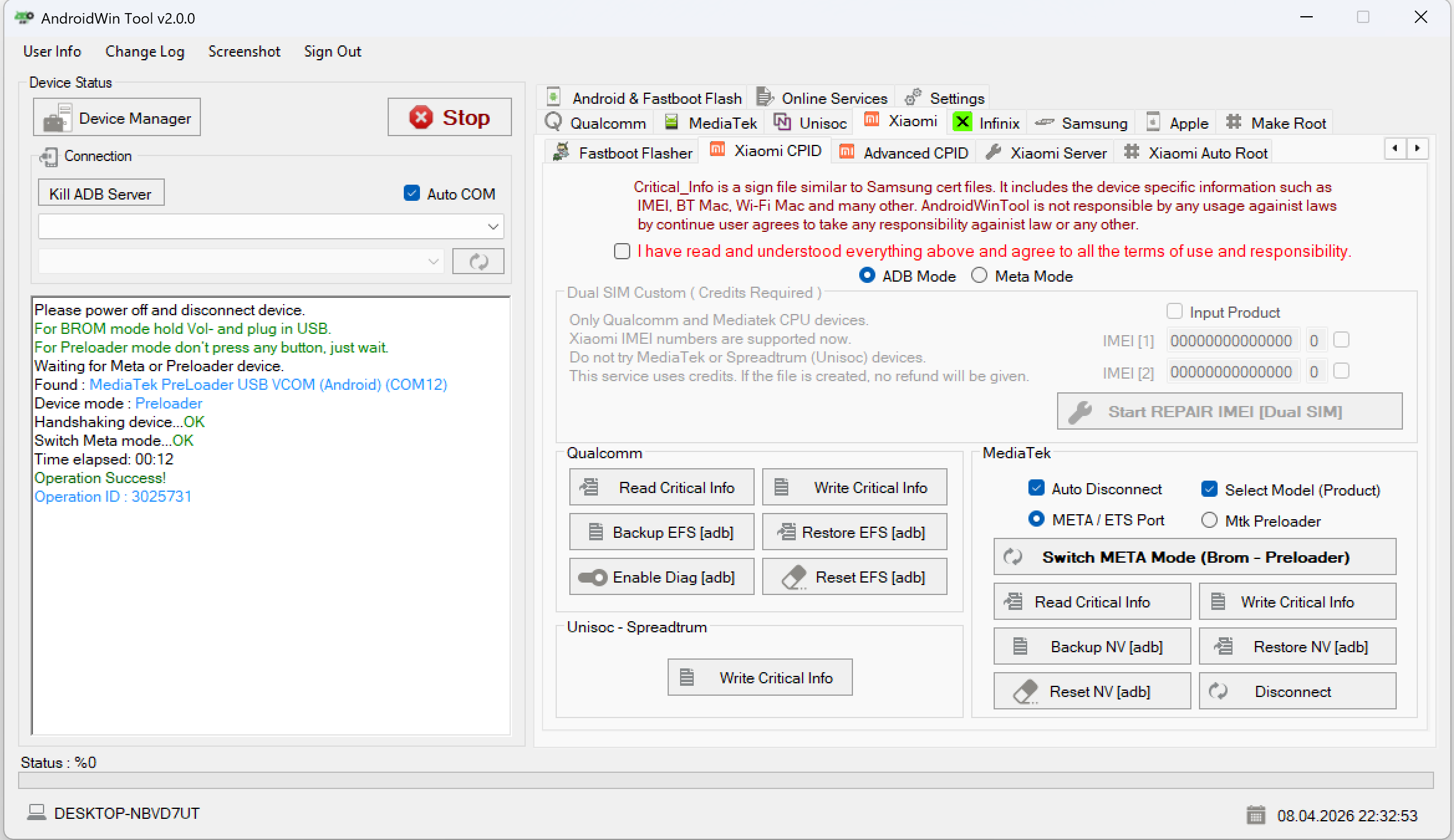 MediaTek preloader connection screen before writing critical info