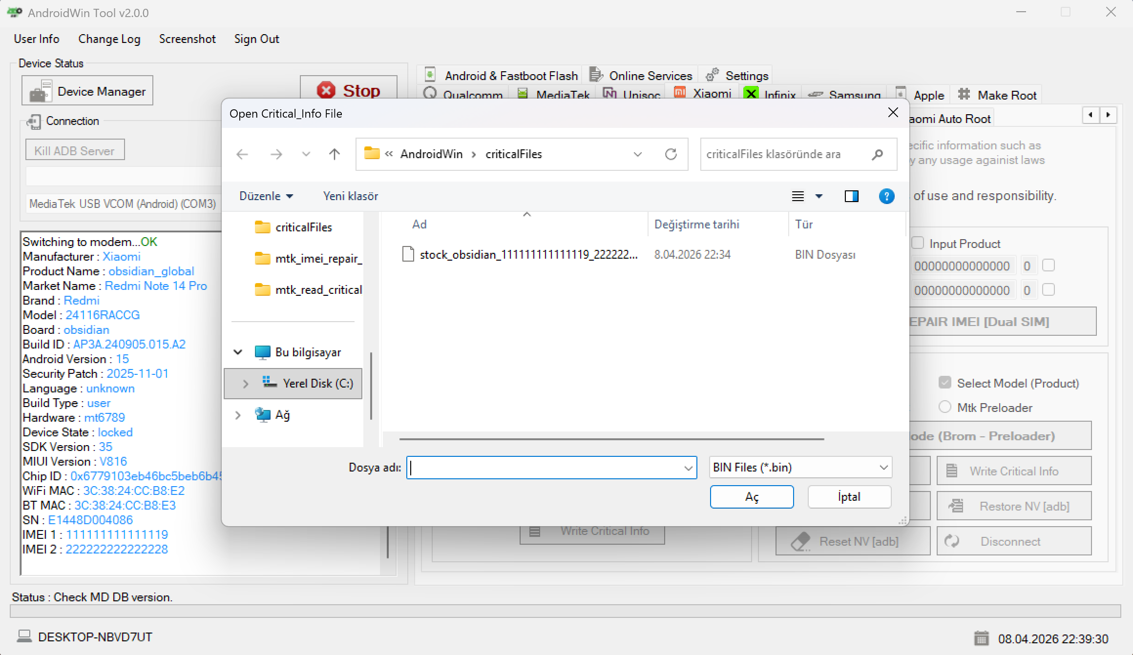 Critical info file selection dialog in AndroidWin Tool
