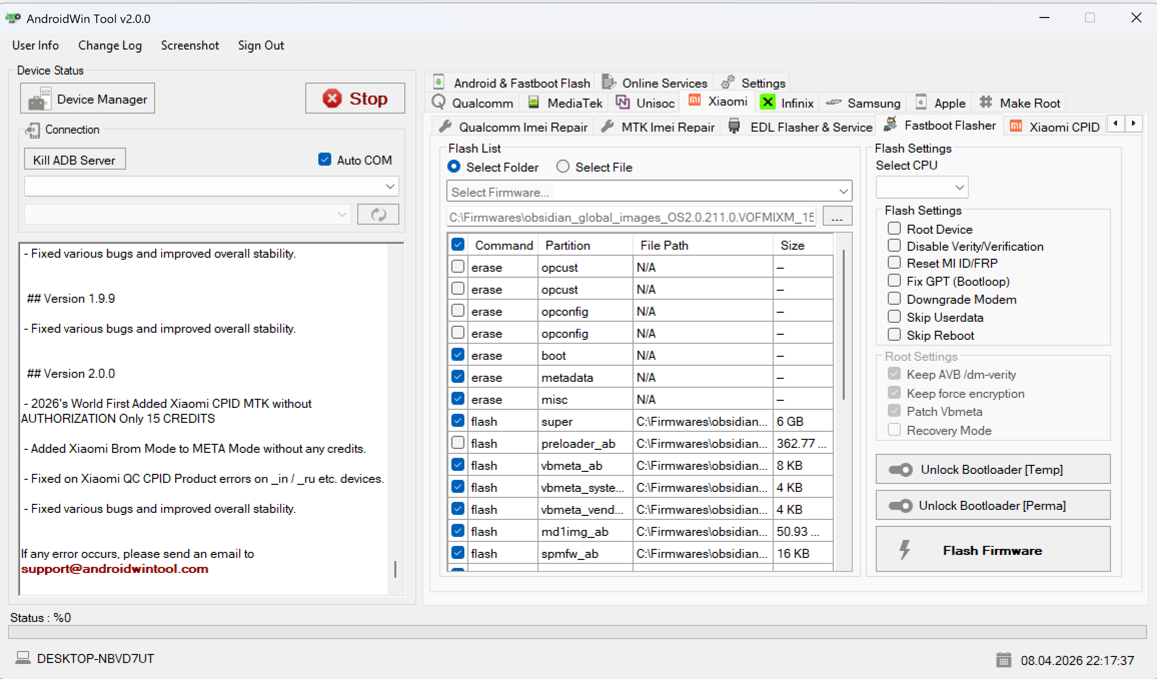 Fastboot flasher screen for the final firmware flash step