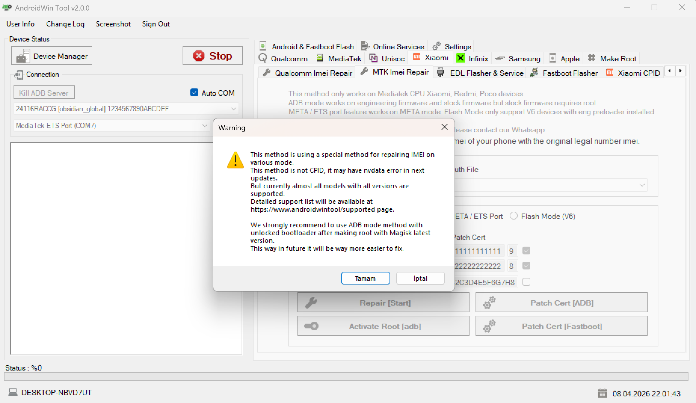 Special method confirmation dialog for offline IMEI repair