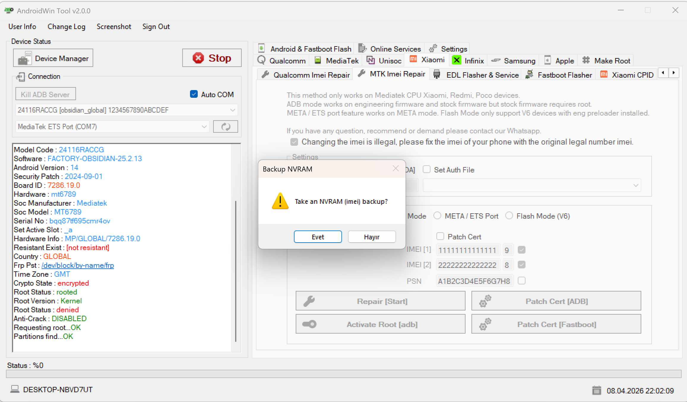 NVRAM backup confirmation prompt during offline IMEI repair
