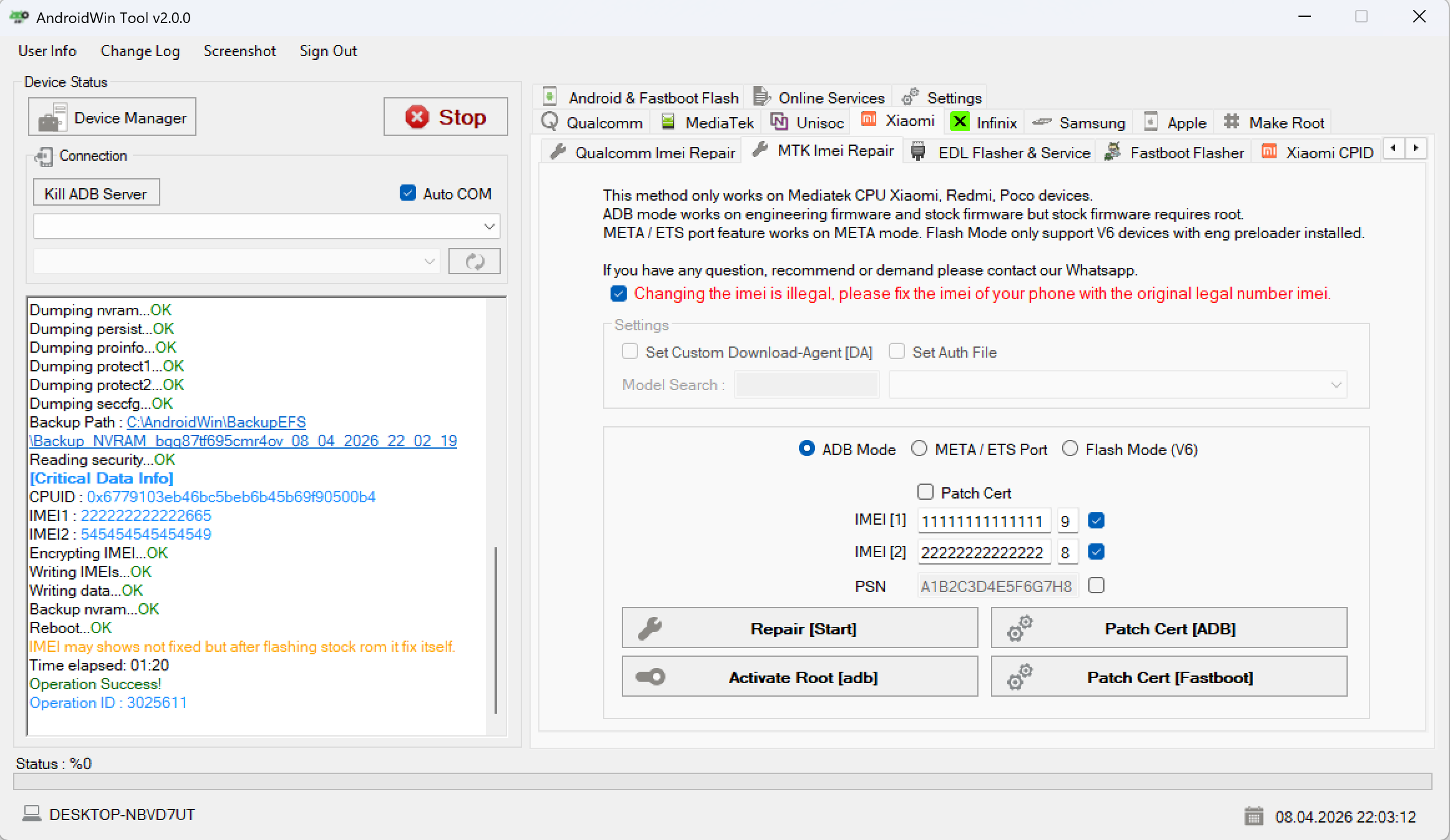 Offline IMEI data writing success in AndroidWin Tool