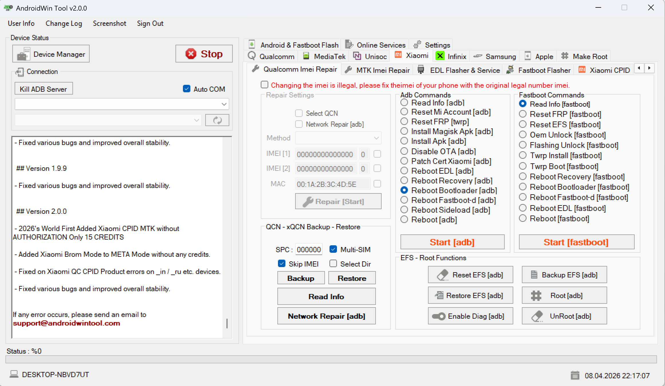 Reboot Bootloader option selected in AndroidWin Tool